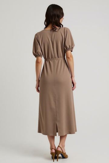 Coffee A Line Bateau Neck Tea Length Formal Dress with Sleeves